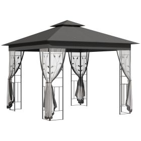 Outsunny 10x10 Grey Outdoor Patio Gazebo Canopy with 2-Tier Polyester Roof Netting Curtain Sidewalls Steel Frame