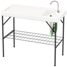 Outsunny Folding Fish Cleaning Table with Sink, Portable Camping Table with Faucet, Drainage Hose, Sprayer and Shelf, White