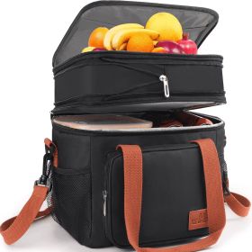 17L Expandable Dual Compartment Lunch Bag, Leakproof Warmer/Cooler Lunch Tote Bag with Side Pocket&Shoulder Strap for Work, Picnic, Camping, Blac