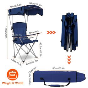 Foldable Beach Canopy Chair Sun Protection Camping Lawn Canopy Chair 330LBS Load Folding Seat w/ Cup Holder For Beach Poolside Travel Picnic (Color: NavyBlue)