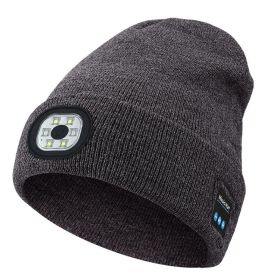 Bluetooth Beanie with a Light, Unisex USB Rechargeable 4 LED Fashlight outdoor Hat with Cordless Headphones (Color: Grey)