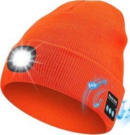 Bluetooth Beanie with a Light, Unisex USB Rechargeable 4 LED Fashlight outdoor Hat with Cordless Headphones (Color: Orange)