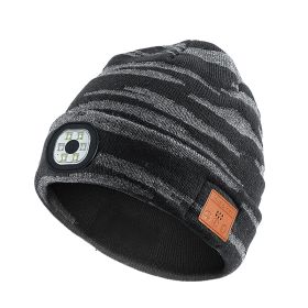 Bluetooth Beanie with a Light, Unisex USB Rechargeable 4 LED Fashlight outdoor Hat with Cordless Headphones (Color: Thickened version - Black)