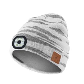 Bluetooth Beanie with a Light, Unisex USB Rechargeable 4 LED Fashlight outdoor Hat with Cordless Headphones (Color: Thickened version - White)